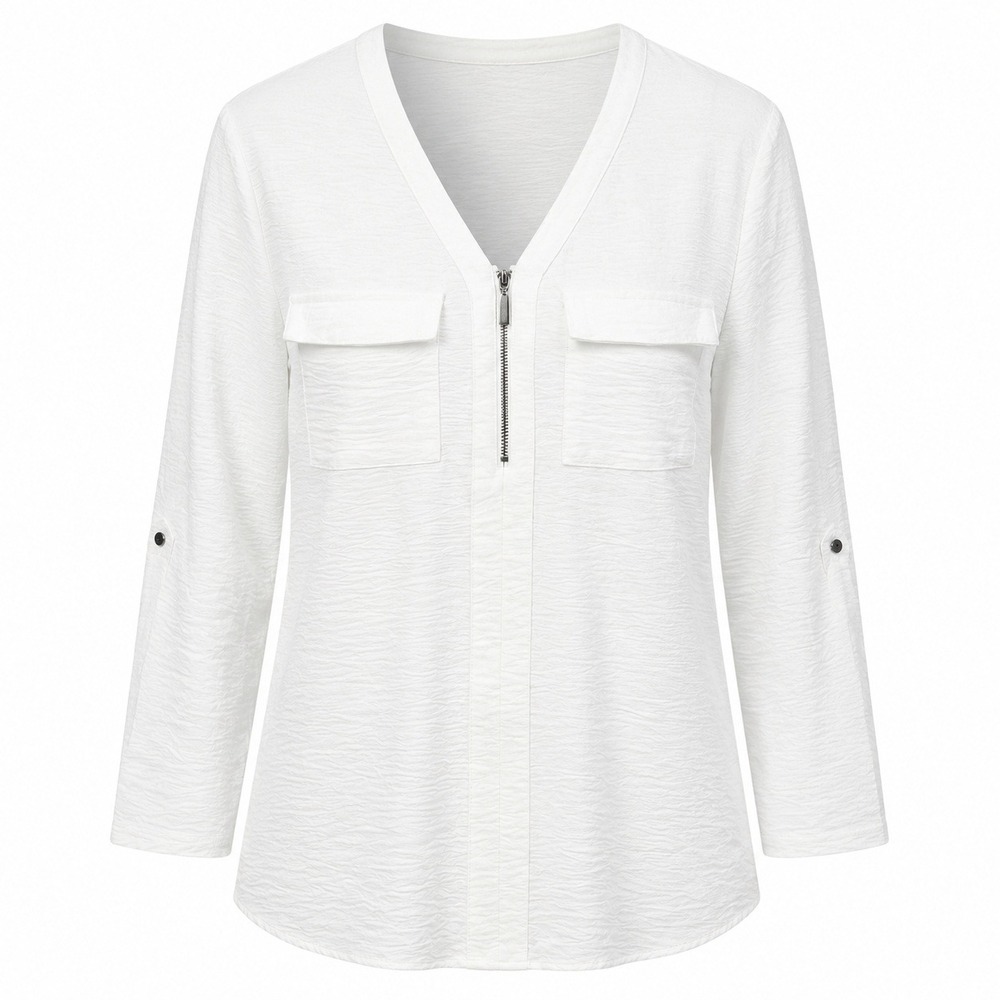 White Blouse L 1/4 Zip Roll Tab Sleeve Textured Utility Top Pockets Office Loose